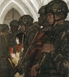 1girl 6+boys age_difference band_(music) black_hair bow_(music) brown_eyes camouflage child clarinet coat dark-skinned_male dark_skin fellows! flute gift helmet instrument jacket mi_(artist) midori_foo military military_uniform multiple_boys non-web_source pale_skin pantyhose performance realistic saxophone scarf short_hair skirt smile soldier vest violin