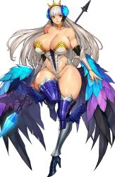1girl alternate_breast_size armor armored_dress bare_shoulders blue_eyes breasts choker crown detached_sleeves dress grey_hair gurimjang gwendolyn_(odin_sphere) hair_ornament highres holding_behind_back holding_polearm holding_polearm_behind_back holding_weapon holding_weapon_behind_back huge_breasts large_breasts leg_wings long_hair low_wings multicolored_wings multiple_wings odin_sphere polearm purple_eyes solo spear strapless strapless_dress thighhighs valkyrie vanillaware weapon white_hair wings