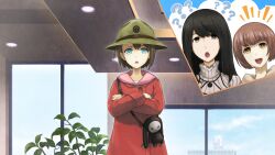 1girl :o akihabara_(tokyo) aqua_eyes black_hair blue_eyes brown_eyes brown_hair buttons child cityscape coat crossed_arms day flat_chest full_body game_cg green_hat hair_between_eyes hat head_tilt high_collar highres hood hoodie huke indoors jacket kurushima_kaede long_sleeves looking_at_viewer military_hat nakase_katsumi non-web_source off-shoulder_shirt off_shoulder official_art open_mouth red_coat ringed_eyes shirt short_hair socks solo standing steins;gate steins;gate_0 sweater teeth tennouji_nae tennouji_nae_(sergeant_clean) thighs tomboy tongue triangle_mouth turtleneck upper_teeth_only white_shirt white_socks white_sweater window