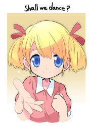 1girl ana_(mother) blonde_hair blue_eyes blush border closed_mouth collared_dress dress english_text hair_ribbon highres looking_at_viewer mother_(series) mother_1 nintendo offering_hand pink_dress rascal_(feuille) red_ribbon ribbon short_hair short_sleeves short_twintails smile solo twintails upper_body white_border