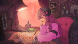 1girl anachronism armchair black_horns blue_eyes brown_hair can chair cityscape clothes_writing commission cropped_sweater curled_horns demon_girl drink_can dusk fantasy glass head_rest highres horn_ornament horns karynn_(vrchat) computer_keyboard knife left-handed lofi_girl_(youtube) long_hair monitor nib_pen_(object) orz_(orz57) parody pen pink_sweater planted planted_knife planted_weapon scroll sitting soda_can solo sweater virtual_youtuber vrchat weapon writing