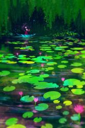 1other boat deer_girl flower landscape light_particles lily_pad lotus orb original outdoors painterly pond reflection reflective_water scenery solo sparkle watercraft willow zandra