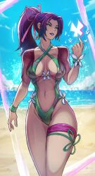 1girl alex_dos_diaz breasts butterfly_ornament cleavage green_lips green_one-piece_swimsuit hair_ribbon highres large_breasts long_hair looking_at_viewer marvel marvel_rivals official_alternate_costume one-piece_swimsuit ponytail psylocke psylocke_(breezy_butterfly) purple_hair ribbon smile solo swimsuit water x-men