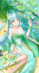 &quot;snow_on_the_hearth&quot;_(genshin_impact) 1girl absurdres alternate_costume ankle_ribbon aqua_hair arched_bangs artist_name ayaka_(genshin_impact) barefoot blue_eyes breasts chinese_commentary chinese_knot chinese_text chopsticks cleavage clothing_request commentary_request detached_sleeves dress falling_petals feet flower food foot_out_of_frame genshin_impact green_dress hair_flower hair_ornament hand_fan hand_up highres holding holding_fan leg_ribbon light_blush long_hair looking_at_viewer medium_breasts petals ribbon see-through_clothes see-through_sleeves single_bare_shoulder single_strap sitting sleeveless sleeveless_dress smile solo toes tokkuri translation_request tuanshan very_long_hair water wet zhui_ming_ying_xue