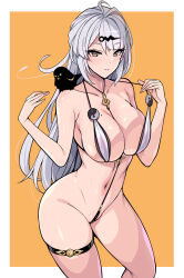 1girl bird breasts cleavage closed_mouth collarbone commentary_request hands_up hidebou highres large_breasts long_hair looking_at_viewer mole mole_on_breast navel one-piece_swimsuit paid_reward_available sideboob simple_background slingshot_swimsuit smile solo stomach swimsuit thigh_strap thighs white_hair white_one-piece_swimsuit yellow_background yellow_eyes yixuan_(zenless_zone_zero) zenless_zone_zero