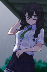 1girl black-framed_eyewear black_hair blue_skirt bow braid cevio green_eyes green_necktie hair_bow hanakuma_chifuyu highres long_hair looking_at_viewer necktie parted_lips rain sena_kizahashi shirt skirt solo twin_braids water_drop wet wet_clothes wet_shirt white_bow white_shirt