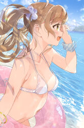 Rule 34 | 1girl, ahoge, bare shoulders, beach, bikini, blush, bracelet, breasts, brown eyes, brown hair, cleavage, collarbone, hair ornament, hair ribbon, hakozaki serika, highres, idolmaster, idolmaster million live!, idolmaster million live! theater days, innertube, jewelry, long hair, medium breasts, navel, ocean, open mouth, ribbon, small breasts, smile, solo, stomach, swim ring, swimsuit, tetsujin momoko, twintails, very long hair, water, wet, white bikini