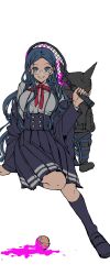 1boy 1girl absurdres back-to-back ball beanie belt black_belt black_footwear black_hat black_jacket black_pants black_socks blazer blood blood_splatter bloody_weapon blue_corset blue_eyes blue_hair blue_jacket blue_pants blue_skirt bow bowtie breasts buttons collared_shirt commentary corset danganronpa_(series) danganronpa_v3:_killing_harmony eyelashes fake_horns fingernails from_behind full_body glasses hands_in_pockets hat height_difference highres holding_tennis_racket horned_headwear horns hoshi_ryoma jacket jacket_partially_removed kneehighs large_breasts layered_sleeves leather leather_jacket leg_up long_hair long_sleeves medium_skirt open_mouth orange_hair pants pink_blood pleated_skirt pocket red_bow red_bowtie round_eyewear shirogane_tsumugi shirt shoes short_hair sidelocks simple_background sitting skirt smile socks spoilers standing striped_clothes striped_pants teeth tennis_ball two-tone_pants unconventional_weapon usukuchi_(hagi) uwabaki very_long_hair weapon white_background white_shirt