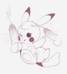 1girl :t aftersex animal_focus animal_sexualization bestiality blush_stickers clitoris closed_mouth cum cum_in_pussy cum_on_body cum_on_stomach cumdrip disembodied_penis ejaculation electricity electrostimulation erection full_body gen_1_pokemon grey_background greyscale happy hetero highres kekitopu legs_up looking_at_viewer lying monochrome nintendo on_back penis penis_on_face pikachu pointing pokemon pokemon_(creature) pussy simple_background sketch smile solo_focus spread_legs testicles tongue tongue_out veins veiny_penis