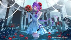 1girl alternate_costume alternate_hairstyle blunt_bangs bouquet braid candle candlestand commentary copyright_name demon_tail dome dress elbow_gloves fern fire fire floral_print flower gloves green_eyes hair_flower hair_ornament highres holding holding_bouquet hololive lace lace-trimmed_dress lace_trim long_hair looking_at_viewer nekoyama_iori pool purple_hair red_flower side_braid sidelocks solo standing tail tokoyami_towa vase very_long_hair virtual_youtuber wading water white_dress
