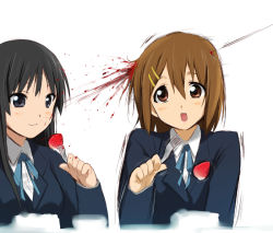 2girls akiyama_mio black_hair blood brown_eyes brown_hair cake death eating food fork fruit grey_eyes gunshot guro headshot hirasawa_yui k-on! kaiga long_hair multiple_girls short_hair strawberry trembling