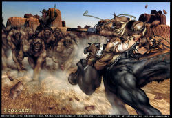 00s 1girl 2002 artbook ass bandana blonde_hair blue_eyes boots breasts chain chaps chasing cigar cleavage coat covered_erect_nipples cowboy cowboy_boots cowboy_hat cowboy_western dated desert fingerless_gloves fringe_trim furry furry_with_non-furry gloves glowing glowing_eyes gun handgun hat high_heels highres holster horse horse_boy interspecies jacket juliona_trans juriona_trans leather leather_jacket medium_breasts mesa monster muscular muscular_male outdoors panties phallic_symbol pistol revolver rock saddle sexually_suggestive shirou_masamune shoes shotgun sky spurs underwear weapon western wild_wet_west winchester_model_1873