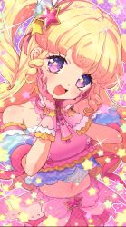 1girl :d bare_shoulders blonde_hair blush commentary cowboy_shot cropped_shirt curly_hair curly_sidelocks detached_sleeves dot_nose gloves hair_ornament hands_on_own_cheeks hands_on_own_face hands_up happy highres idol idol_clothes idol_time_pripara looking_at_viewer midriff navel no_pupils open_mouth outline pink_gloves pink_shirt pink_skirt pretty_series pripara purple_eyes shirt short_sleeves skirt sleeveless sleeveless_shirt smile solo sparkle star_(symbol) star_hair_ornament star_in_eye straight_hair symbol-only_commentary symbol_in_eye twintails wanowanoji67 white_outline yumekawa_yui
