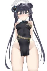 1girl :o absurdres bare_arms bare_shoulders black_dress black_hair blue_archive blush breasts butterfly_hair_ornament covered_navel double_bun dress from_below gluteal_fold grey_eyes groin hair_between_eyes hair_bun hair_ornament halo highres kisaki_(blue_archive) long_hair looking_at_viewer looking_down medium_breasts no_panties parted_lips pelvic_curtain simple_background sleeveless sleeveless_dress solo standing twintails very_long_hair white_background yume_tsugoi