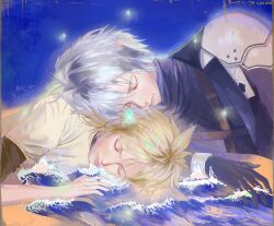 2boys armor black_gloves black_shirt blonde_hair c1111h chest_strap closed_eyes closed_mouth cloud_strife final_fantasy final_fantasy_vii final_fantasy_vii_ever_crisis final_fantasy_vii_remake gloves grey_hair hair_between_eyes hair_tie highres low_ponytail male_focus multiple_boys night night_sky pauldrons ponytail sephiroth sephiroth_(ever_crisis) shirt shirt_under_shirt short_hair shoulder_armor sky spiked_hair turtleneck upper_body waves white_shirt yaoi