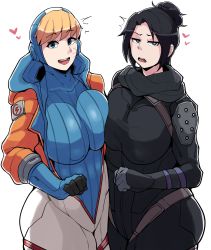 Rule 34 | 2girls, absurdres, alternate breast size, apex legends, black hair, breast press, breasts, hair bun, heart, highres, horu (horu 111), huge breasts, long hair, looking at viewer, multiple girls, open mouth, short hair, smile, wattson (apex legends), white background, wraith (apex legends)