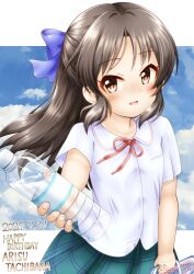1girl blue_bow bottle bow brown_eyes brown_hair commentary_request dated giving green_skirt hair_bow half_updo happy_birthday highres holding holding_bottle idolmaster idolmaster_cinderella_girls incoming_drink long_hair looking_at_viewer neck_ribbon open_mouth red_ribbon regular_mow ribbon school_uniform shirt short_sleeves sidelocks signature skirt solo tachibana_arisu twitter_username water_bottle white_shirt