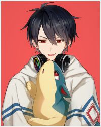 1boy absurdres black_hair border creatures_(company) earrings game_freak gen_2_pokemon hair_between_eyes headphones headphones_around_neck highres hood hood_down hoodie iv_4t jewelry nijisanji nintendo pokemon quilava red_background red_eyes short_hair simple_background single_earring solo tongue tongue_out virtual_youtuber white_border white_hoodie yumeoi_kakeru yumeoi_kakeru_(4th_costume)