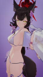 Rule 34 | 1girl, 3d, absurdres, animal ears, ass, black hair, breasts, croove, gun, highres, large breasts, nail polish, narrow waist, aiming, pointing gun at viewer, purple background, purple nails, stomach, swimsuit, tagme, tail, wakamo (blue archive), weapon, wide hips, yellow eyes
