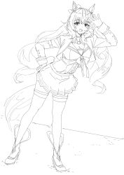 1girl absurdres animal_ears argent_moon arm_up boots bow breasts cleavage full_body hair_between_eyes hand_on_own_hip high_heel_boots high_heels highres horse_ears horse_girl horse_tail long_hair maruzensky_(umamusume) medium_breasts monochrome simple_background sketch smile tail thigh_strap thighhighs thighhighs_under_boots umamusume very_long_hair white_background zettai_ryouiki