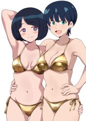 2girls bikini black_hair bob_cut breasts cleavage commentary_request gold_bikini green_eyes gundam gundam_gquuuuuux looking_at_viewer mature_female medium_breasts multiple_girls no_sclera ponzu_rui purple_eyes shiiko_sugai short_hair side-tie_bikini_bottom simple_background smile swimsuit tamaki_yuzuriha white_background