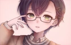 1boy eyelashes girly_boy glasses green_eyes hair_ornament hairclip highres kenmochi_touya looking_at_viewer mi_oxo_9m nijisanji parted_lips plaid_clothes plaid_shirt portrait semi-rimless_eyewear shirt short_hair simple_background solo sweater virtual_youtuber white_background