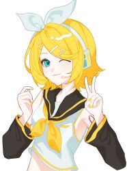 1girl ;) absurdres aqua_eyes baijing bare_shoulders black_sailor_collar black_sleeves blonde_hair chinese_commentary closed_mouth commentary_request crop_top cropped_shirt detached_sleeves fingernails hair_ornament hairclip headset highres kagamine_rin long_sleeves looking_at_viewer microphone midriff nail_polish neckerchief one_eye_closed sailor_collar shirt short_hair simple_background sleeveless sleeveless_shirt smile solo upper_body v vocaloid white_background white_shirt x_hair_ornament yellow_nails yellow_neckerchief