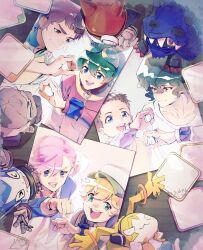 1girl 5boys appmon asuka_torajirou digimon digimon_universe:_appli_monsters dokamon gatchmon gloves hackmon_(appmon) hat helmet hood karan_eri katsura_hajime katsura_rei metal_gloves multiple_boys musimon offmon ozora_yujin shinkai_haru