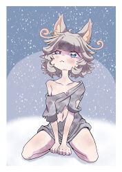 1girl 3: absurdres animal_ears blue_eyes border cat_ears clothing_cutout dirty grey_hair grey_shirt highres homeless kneeling mikesi_quan navel navel_cutout nekoyashiki_yuki off-shoulder_shirt off_shoulder oversized_clothes oversized_shirt personification precure rags shirt short_hair snow snowing torn_clothes uneven_eyes v-shaped_eyebrows wonderful_precure!