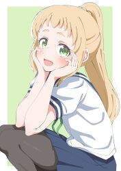 1girl absurdres black_pantyhose blonde_hair blue_skirt blush crust_gm0 dot_nose feet_out_of_frame female_focus green_eyes hands_on_own_face highres inose_mai koisuru_asteroid long_hair looking_at_viewer open_mouth pantyhose ponytail school_uniform serafuku short_sleeves simple_background skirt solo summer_uniform