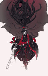 1boy absurdres black_hair black_hanfu chinese_clothes curtained_hair floating_cape from_above full_body glowing glowing_eye hair_flowing_over hanfu heathcliffsthighs57 high_ponytail highres holding holding_staff jacket jacket_on_shoulders jia_qiu_(project_moon) limbus_company long_hair looking_at_viewer male_focus partially_shaded_face ponytail project_moon red_scarf rope_belt scarf sketch solo staff very_long_hair