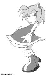 1girl amy_rose animal_nose boots commission commissioner_upload dress flat_chest gloves hairband hand_on_own_stomach hedgehog_girl maternal monochrome ndnode pregnant sleeveless sleeveless_dress smile solo sonic_(series) sonic_adventure sonic_adventure_2 spiked_hair white_gloves