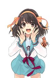 1girl :d absurdres armband blue_sailor_collar blue_skirt brown_eyes brown_hair commentary_request hair_ribbon hairband highres ito_noizi kita_high_school_uniform long_sleeves looking_at_viewer medium_hair official_art open_mouth orange_armband orange_hairband orange_ribbon red_ribbon ribbon sailor_collar school_uniform second-party_source serafuku simple_background skirt smile solo standing suzumiya_haruhi suzumiya_haruhi_no_yuuutsu teeth thighs tongue upper_teeth_only white_background winter_uniform
