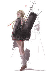 1girl absurdres adapted_turret black_shirt blonde_hair braid cigarette full_body highres kantai_collection kappa_modoki long_hair red_eyes rigging sailor_collar school_uniform serafuku ship_turret shirt smokestack solo torpedo_launcher torpedo_tubes white_background white_sailor_collar yuudachi_(kancolle)