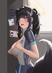 1girl alternate_costume animal_ears beads black_hair blonde_hair blue_archive blue_eyes blue_shorts blue_sports_bra blunt_bangs blush breasts cosplay cycling_uniform dog_ears dog_girl dog_tail from_side glasses hair_beads hair_ornament hibiki_(blue_archive) hibiki_(cheer_squad)_(blue_archive) highres kotama_(blue_archive) large_breasts long_hair nickname25 official_alternate_costume open_mouth ponytail purple_hair shiroko_(blue_archive) shiroko_(blue_archive)_(cosplay) shiroko_(cycling)_(blue_archive) shirt short_sleeves shorts skirt solo sports_bra tail utaha_(blue_archive) white_shirt white_skirt