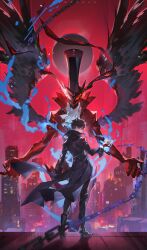 2boys absurdres arsene_(persona_5) black_coat black_hair black_wings blue_fire chain coat copyright_name doran_(doran7280) eye_mask feathered_wings fire from_behind full_body full_moon highres holding holding_mask joker_(persona_5) looking_at_viewer looking_back male_focus mask moon multiple_boys persona persona_5 red_coat red_sky sky standing_on_roof white_mask wings yellow_eyes