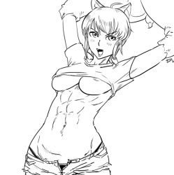 1girl abs ahoge animal_ears animal_hands areola_slip arms_up babydoll_t-shirt bad_id bb_(baalbuddy) breasts cat_ears cat_paws crop_top cutoffs drawfag fang female_focus greyscale highleg highleg_panties inactive_account kaibutsu_oujo midriff monochrome navel panties riza_wildman short_hair short_shorts shorts solo underboob underwear