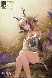 1girl absurdres arknights bare_shoulders bead_necklace beads blonde_hair breasts brooch character_name closed_eyes closed_mouth dragon_girl dragon_horns dragon_tail earrings eastern_dragon_horns eastern_dragon_tail feet_out_of_frame hair_between_eyes highres horns jewelry long_hair medium_breasts necklace nern8347 pointy_ears shirt shu_(arknights) solo strapless strapless_shirt tail tassel tassel_earrings thighs