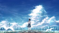 1girl absurdres amenomori_howa bird black_hair black_skirt black_socks blue_sky brown_shoes building city cloud cloudy_sky commentary_request contrail day from_behind grass highres long_hair low_twintails on_railroad_tracks original outdoors plaid_clothes plaid_skirt railroad_tracks scenery school_uniform shirt shoes short_sleeves simple_bird skirt sky skyscraper socks solo standing twintails video_thumbnail white_shirt wide_shot
