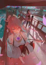 1boy 5girls absurdres animal_ear_piercing animal_ears bare_shoulders black_thighhighs blunt_bangs braid cherry_blossoms chiyo_(genshin_impact) closed_mouth collarbone detached_sleeves faceless faceless_female faceless_male falling_petals fox_ears fox_girl friends from_above from_side genshin_impact glitch hair_between_eyes hair_ornament headpiece highres holding holding_umbrella hyakuokumen japanese_clothes jewelry kimono kitsune_saiguu long_braid long_hair long_sleeves looking_to_the_side makoto_(genshin_impact) motion_blur multiple_girls neck_ribbon nontraditional_miko oil-paper_umbrella outdoors parted_lips pendant petals pink_hair pink_petals purple_eyes purple_hair purple_kimono raiden_shogun red_ribbon red_sash ribbon sasayuri_(genshin_impact) sash shade shadow single_braid smile standing thighhighs tree umbrella walking water wide_sleeves yae_miko