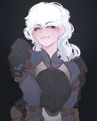 1girl arm_belt armor belt black_armor black_background breastplate chainmail closed_mouth dungeons_&amp;_dragons earclip elliemaplefox grey_belt grey_sleeves half-closed_eyes highres lips long_hair long_sleeves looking_at_viewer multiple_belts original shoulder_armor simple_background smile solo upper_body white_eyes white_hair