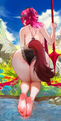 1girl absurdres ass back bao_(pixiv_99415611) barefoot black_bow black_panties blue_sky blush bow breasts commentary day earrings feet from_behind grass hair_bow hairband highres holding holding_polearm holding_weapon jewelry large_breasts looking_at_viewer looking_back lupa_(wuthering_waves) median_furrow metal_hairband outdoors panties pink_hair polearm shoulder_blades sky soles solo tacet_mark_(wuthering_waves) tail toes topless_female underwear variant_set weapon wolf_tail wuthering_waves yellow_eyes