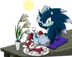chip dumpling food green_eyes official_art scratching_head sega sonic_(series) sonic_the_hedgehog sonic_the_werehog sonic_unleashed tagme werehog