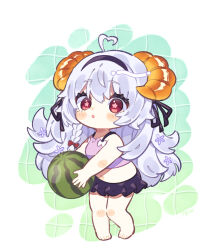 Rule 34 | 1girl, :o, ahoge, alternate costume, barefoot, bikini, black hairband, blush, bow, braid, commentary request, croissant hair ornament, flower-shaped pupils, food, food-themed hair ornament, fruit, full body, green background, grey hair, hair bow, hair ornament, hairband, heart, heart ahoge, highres, holding, holding food, holding fruit, holding watermelon, long hair, notamaru 2, open mouth, purple bikini, red bow, red eyes, single braid, solo, standing, swimsuit, symbol-shaped pupils, vrchat, watermelon