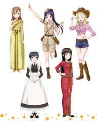 5girls :d ;d apron aqua_eyes arm_up artbook bag belt black_dress black_hair blonde_hair blue_hair blue_shorts boots brown_hair brown_jacket collarbone cowboy_hat denim denim_shorts dress dress_shirt full_body hand_on_own_hip hat highres index_finger_raised jacket knee_boots kunikida_hanamaru kurosawa_dia long_dress long_hair long_skirt looking_at_viewer love_live! love_live!_sunshine!! maid maid_headdress mary_janes matsuura_kanan midriff mole mole_under_mouth multiple_girls navel non-web_source official_art ohara_mari one_eye_closed open_mouth ponytail purple_eyes purple_hair red_eyes shirt shoes short_shorts shorts skirt smile socks standing stomach strapless tied_shirt tsushima_yoshiko white_apron white_background white_shirt yellow_eyes