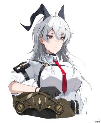 1girl absurdres ahoge arm_pouch black_choker black_eyes black_gloves black_horns black_pouch breasts chest_harness choker closed_mouth collared_shirt commentary curled_horns english_commentary gloves grey_hair hair_between_eyes harness highres horns key large_breasts long_hair multicolored_eyes multicolored_hair necktie petchi1999 red_eyes red_necktie shield shirt shirt_tucked_in solo streaked_hair two-tone_eyes white_shirt wuthering_waves zani_(wuthering_waves)