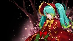 1girl blonde_hair blue_hair bonnet capelet christmas dress english_text female_focus gloves gradient_hair green_eyes green_hair hair_over_one_eye ilris league_of_legends long_hair looking_at_viewer matching_hair/eyes merry_christmas multicolored_hair red_gloves ribbon silent_night_sona solo sona_(league_of_legends) twintails wreath yellow_eyes