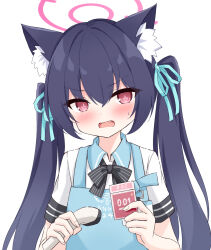 Rule 34 | 1girl, angel&#039;s 24 uniform (blue archive), animal ear fluff, animal ears, apron, barcode scanner, blue apron, blue archive, blue hair, blush, buying condoms, cat ears, cat girl, commentary request, condom, condom box, fang, halo, highres, holding, holding barcode scanner, holding condom, long hair, looking at viewer, mochizuki riku, open mouth, pink eyes, pink halo, serika (blue archive), shirt, short sleeves, simple background, solo, twintails, upper body, white background, white shirt