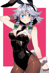 animal_ear_hairband animal_ears arm_behind_head arm_up between_breasts black_hairband black_leotard black_necktie black_pantyhose blue_eyes bollzzalguy bow braid breasts cleavage closed_mouth cowboy_shot detached_collar fake_animal_ears fake_tail green_bow grey_hair hair_between_eyes hair_bow hairband hashtag-only_commentary highres izayoi_sakuya leotard looking_at_viewer medium_breasts medium_hair necktie pantyhose pink_background playboy_bunny rabbit_ear_hairband rabbit_ears rabbit_tail side_braids strapless strapless_leotard tail touhou v-shaped_eyebrows wrist_cuffs