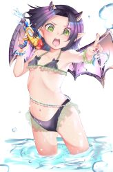 1girl bikini breasts character_request copyright_request covered_erect_nipples demon_girl dot_nose eyelashes fang feet_out_of_frame female_focus fingernails green_bikini green_eyes hand_up horns index_finger_raised loli long_fingernails looking_at_viewer medium_hair meemz_a multicolored_bikini nail_polish navel open_mouth outstretched_arm pointing pointing_at_viewer pointy_ears purple_bikini purple_hair purple_nails ribs simple_background small_breasts solo standing swimsuit teeth tongue two-tone_bikini upper_teeth_only water water_gun white_background wings